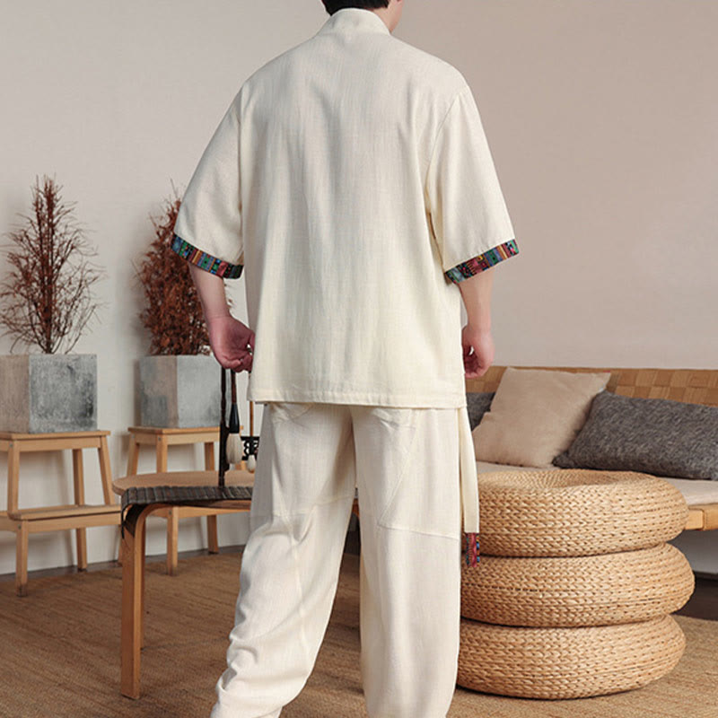 2Pcs Patchwork Chinese Frog-Button Shirt Wide Leg Pants Men's Meditation Cloth Set With Pockets