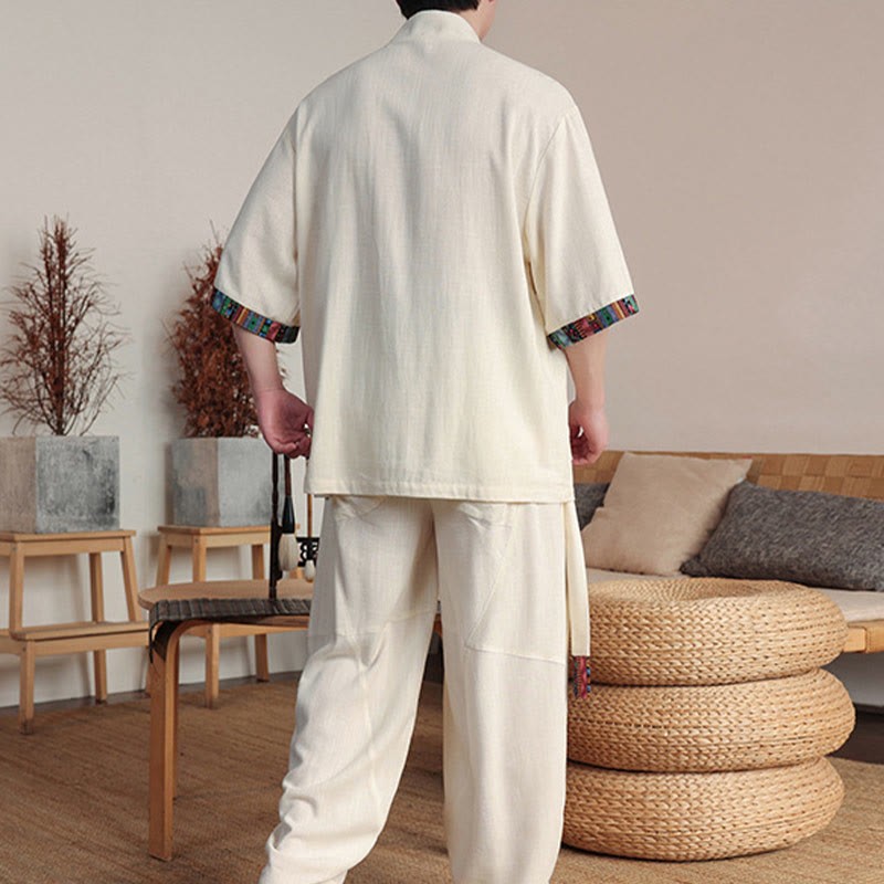 2Pcs Patchwork Chinese Frog-Button Shirt Wide Leg Pants Men's Meditation Cloth Set With Pockets