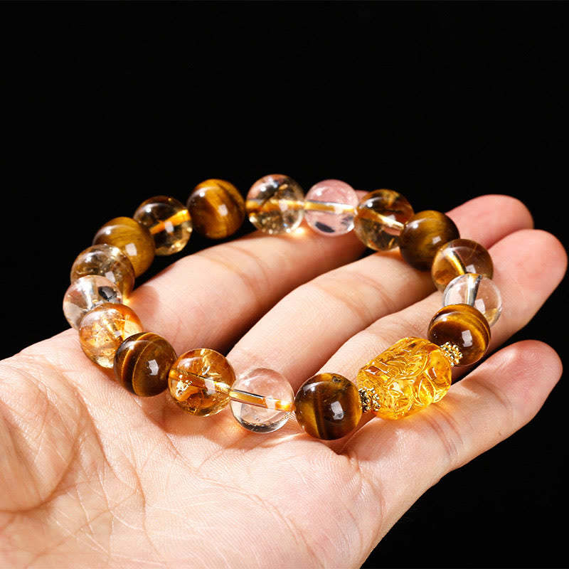 Natural Yellow Tiger Eye Citrine Beeswax Pixiu Strength Bracelet