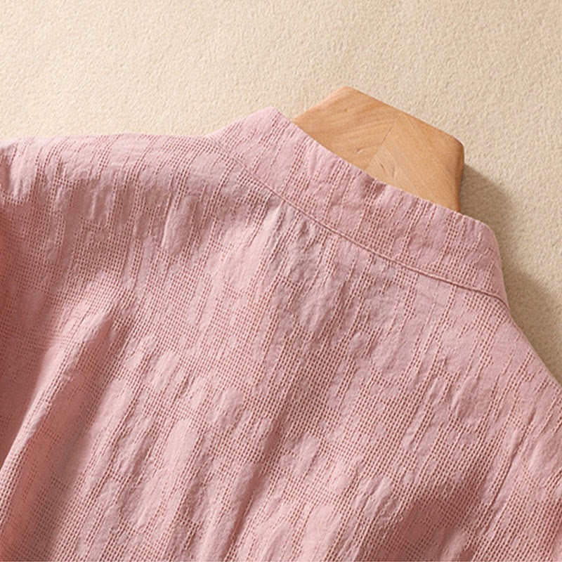 Plum Blossom Embroidery Frog-Button Short Sleeve Cotton Linen Shirt