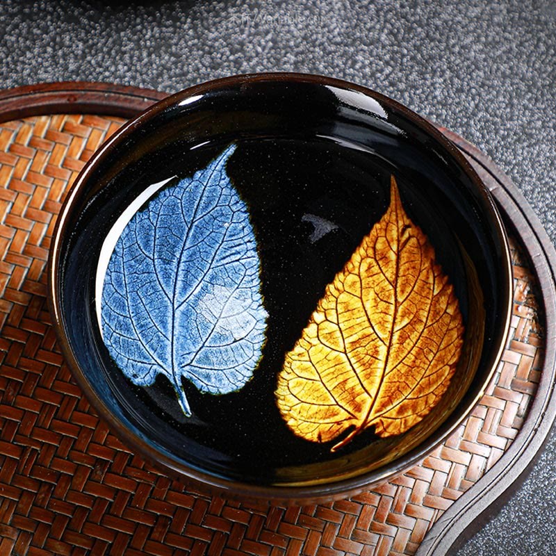 Gold Maple Leaf Chinese Jianzhan Ceramic Teacup Tenmoku Kung Fu Tea Cup Bowl