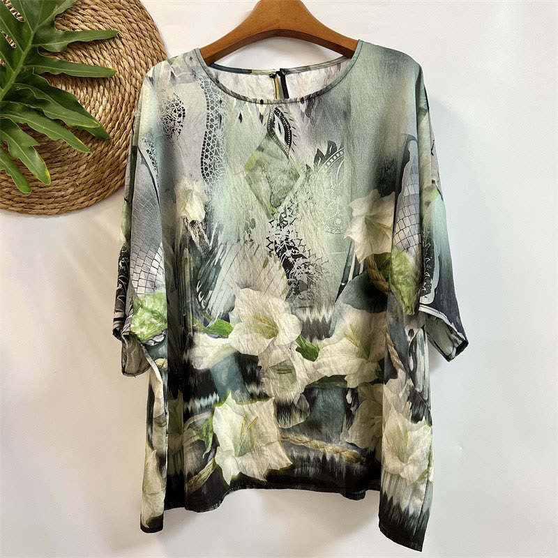 Casual Loose Printed Morning Glory Rope Women's Crew Neck Design Half Sleeve Polyester T-shirt