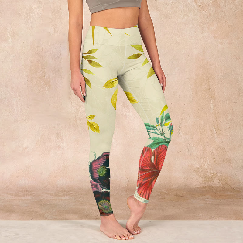 Golden Green Leaves Colorful Flowers Gym Leggings Women's Yoga Pants