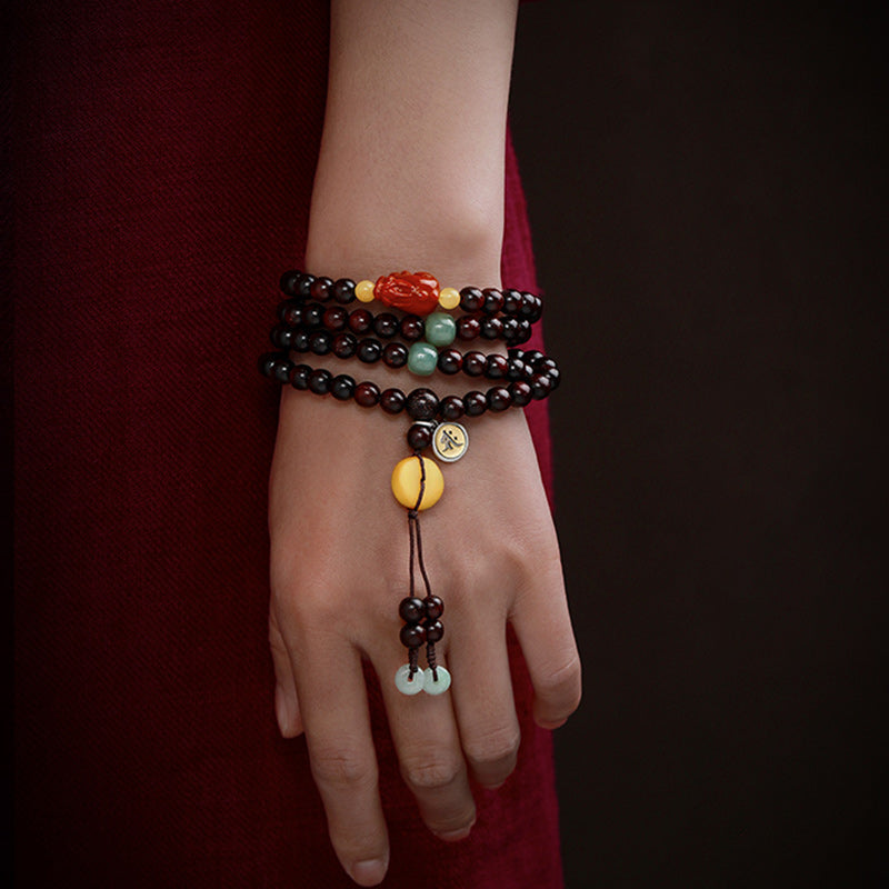 Chinese Zodiac Natal mystic zen 108 Mala Beads Small Leaf Red Sandalwood Red Agate PiXiu Protection Bracelet