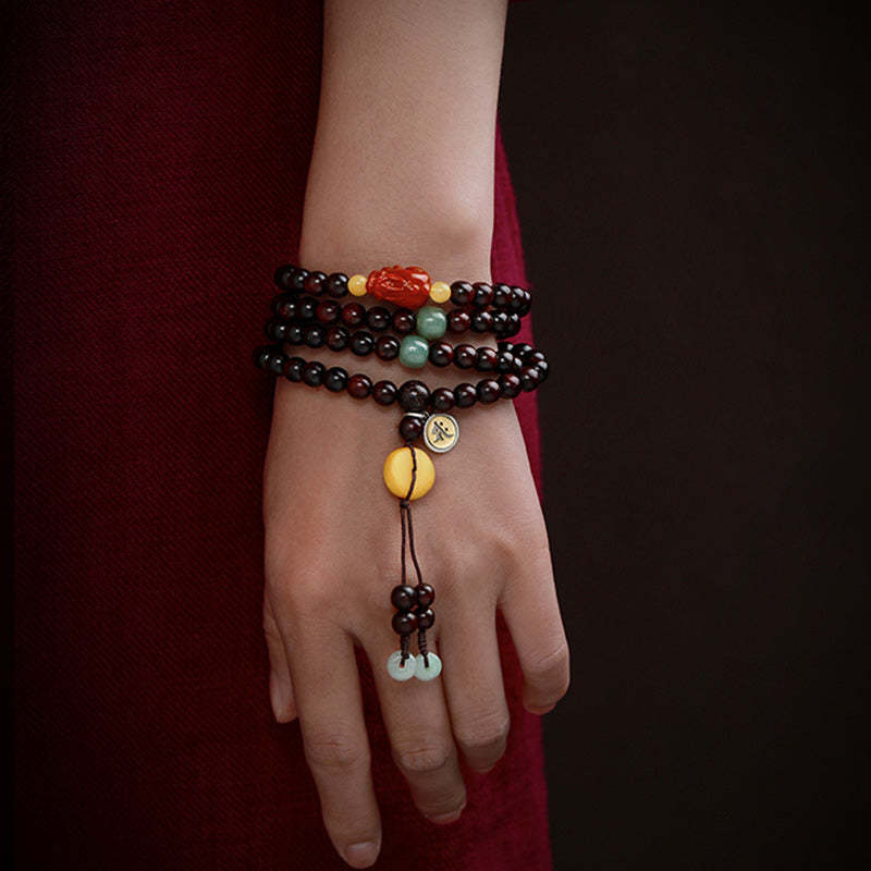 Chinese Zodiac Natal mystic zen 108 Mala Beads Small Leaf Red Sandalwood Red Agate PiXiu Protection Bracelet