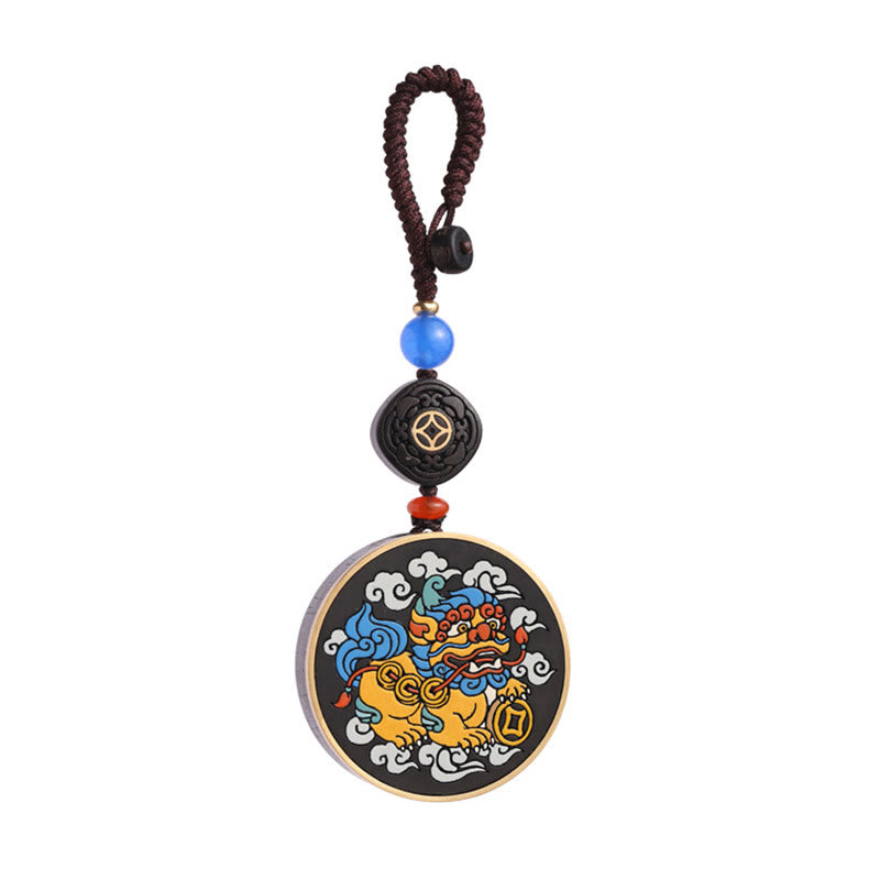 PiXiu Copper Coin Ebony Wood Luck Attract Wealth Key Chain Decoration
