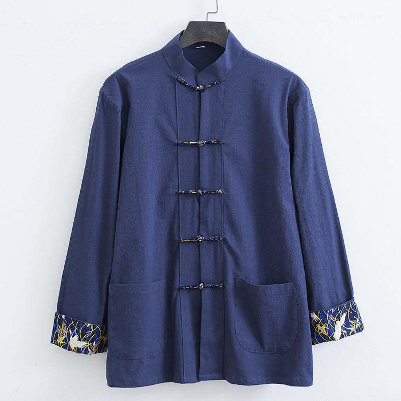 Men's Frog-Button Tang Suit Cotton White Crane Embroidery Jacket Shirt With Pockets