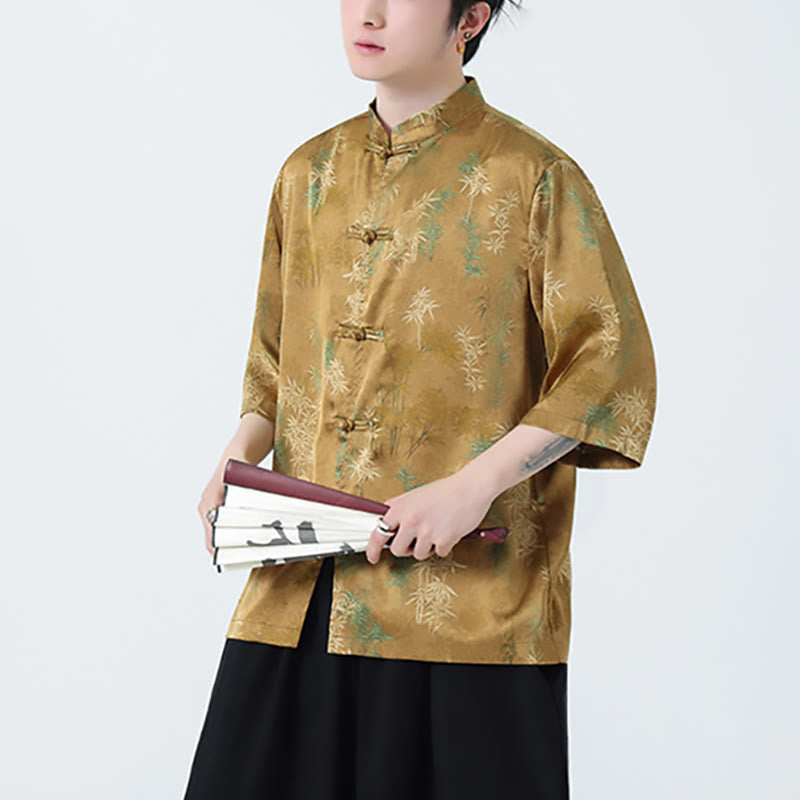 Bamboo Leaves Pattern Chinese Half Sleeve Shirt Men T-shirt