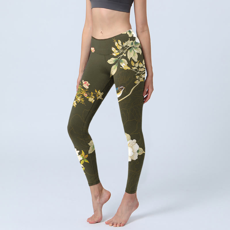 Black Magnolia Flowers Print Gym Leggings Women's Yoga Pants