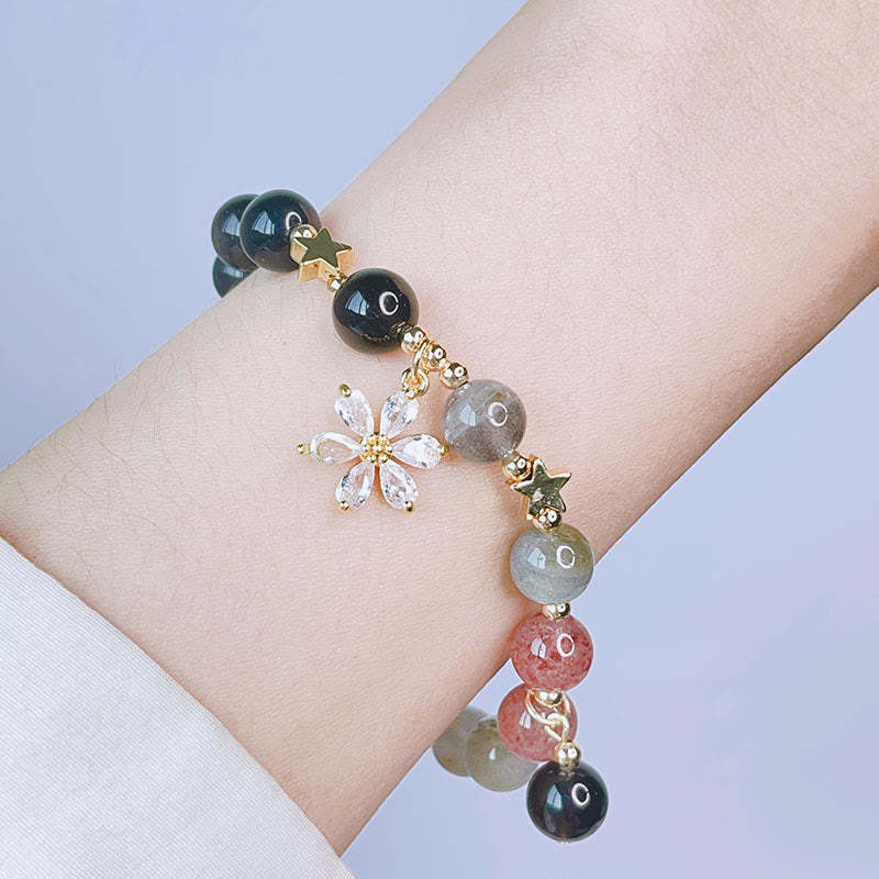 Natural Silver Sheen Obsidian Love Heart Star Flower Protection Bracelet (Extra 30% Off | USE CODE: FS30)