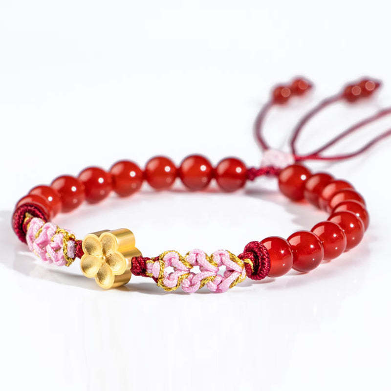 999 Sterling Silver Natural Red Agate Pink Crystal Cherry blossom Bracelet