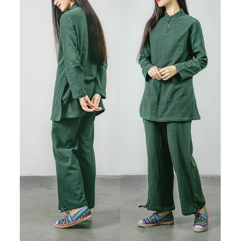 2Pcs Tang Suit Frog-Button Shirt Top Pants Meditation Zen Tai Chi Cotton Linen Clothing Women's Set