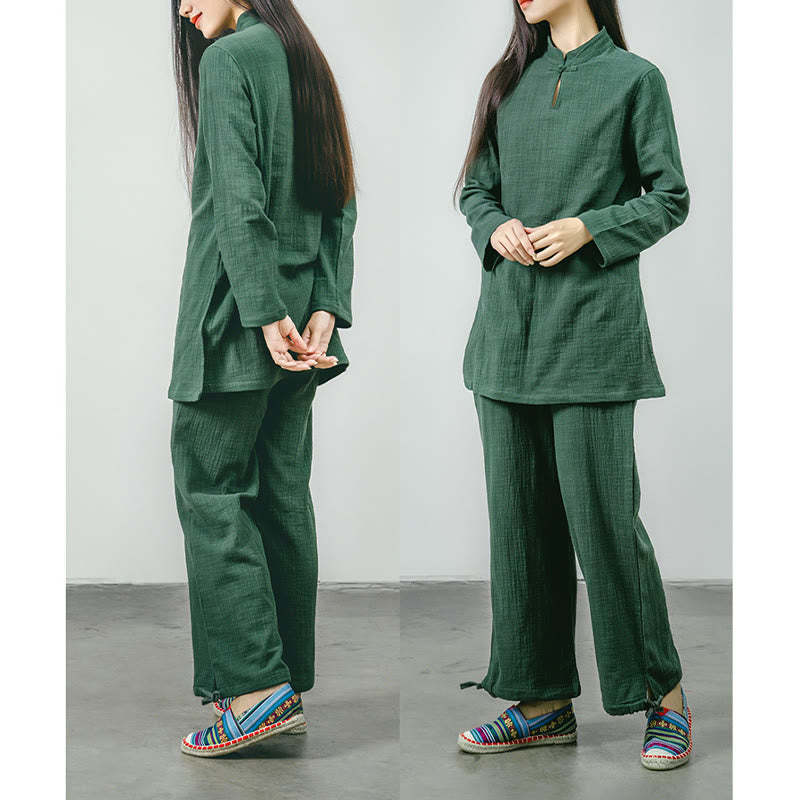 2Pcs Tang Suit Frog-Button Shirt Top Pants Meditation Zen Tai Chi Cotton Linen Clothing Women's Set