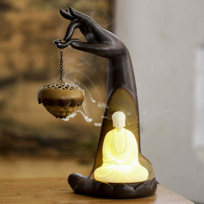 Led mystic zen Hand Backflow Smoke Fountain Healing Ceramic Stick Incense Burner Decoration