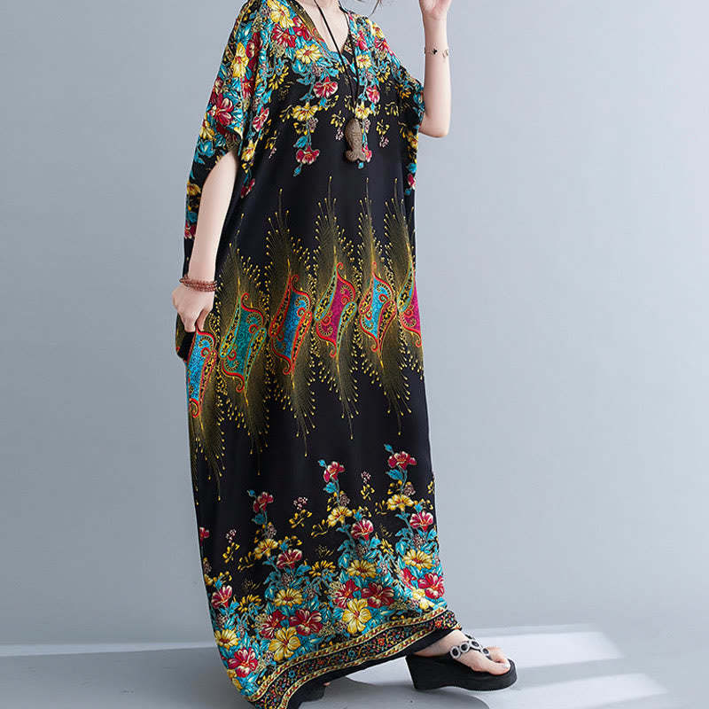 Casual Loose Printing Flower Pattern V-Neck Half Sleeve Design Polyester Midi Dress With Pockets