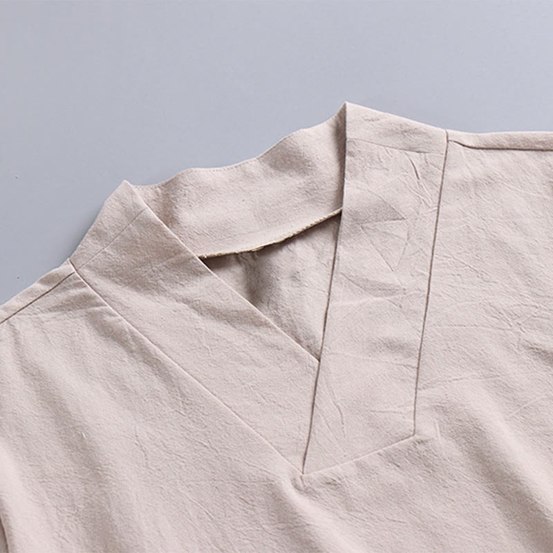 Loose Men's T-Shirt Solid Color Top Short Sleeve V Collar Breathable Linen Shirt