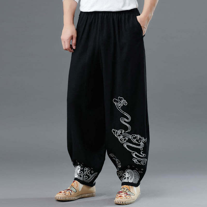 Clouds Elastic Waist Ethnic Cotton Men's Pants With Pockets