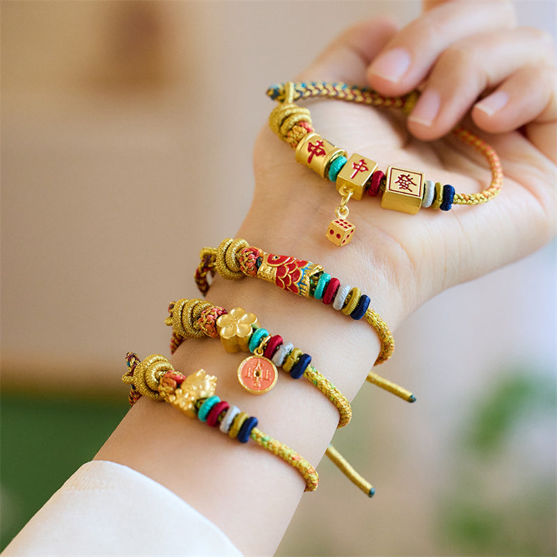 Year of the Dragon Koi Fish Mahjong Dice Peach Blossoms Copper Coin Luck Braided Bracelet
