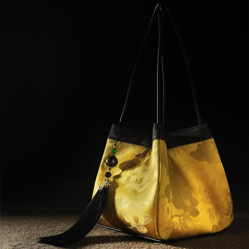 Retro Flower Butterfly Bird Embroidery Bead Tassel Mulberry Silk Jacquard Xiangyunsha Silk Shoulder Bag Hangbags