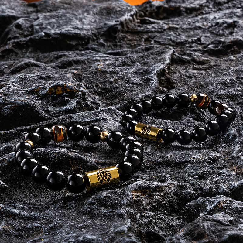 Black Onyx Tiger Eye Bead Lion Engraved Protection Bracelet