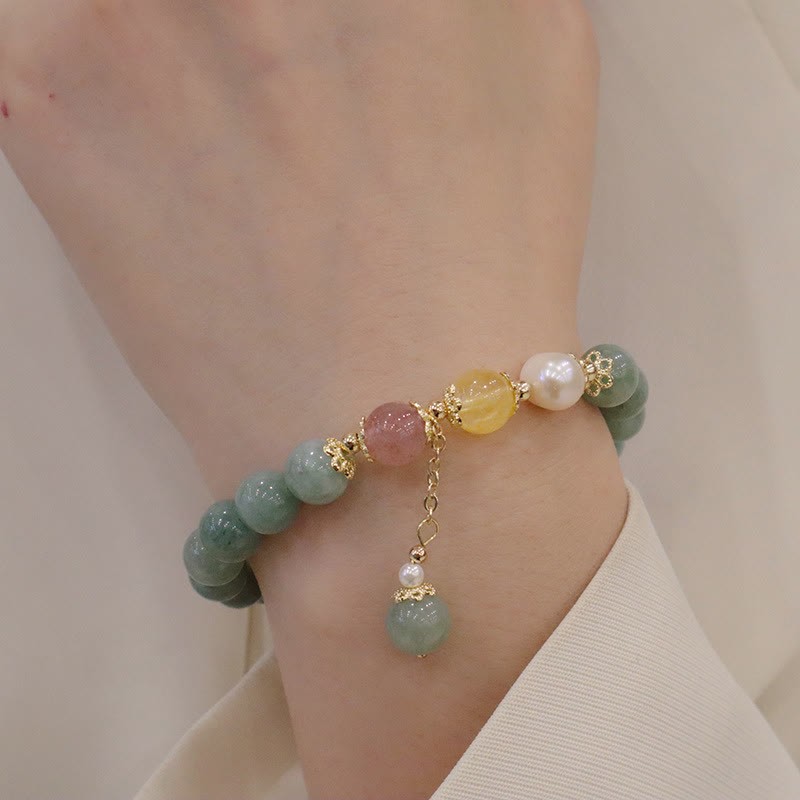 Jade Pearl Strawberry Quartz Abundance Luck Bead Charm Bracelet
