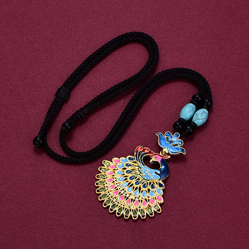 Colourful Peacock Amber Turquoise Agate Fortune Necklace Pendant