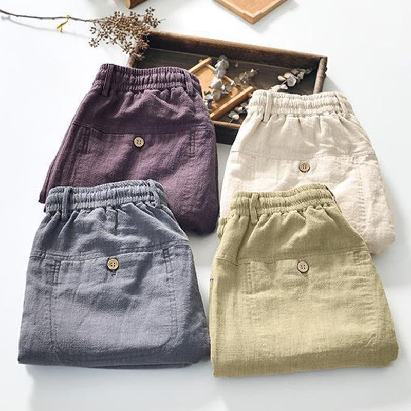 Versatile Casual Drawstring 7-8 Length Cotton Linen Men's Pants With Pockets