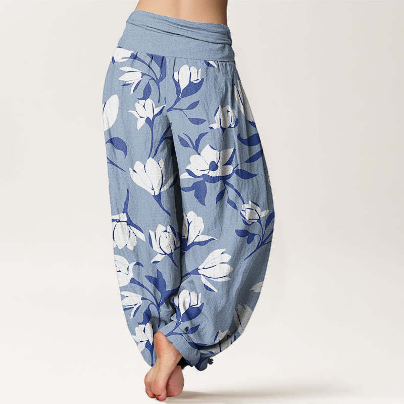 Retro Magnolia Flowers Women's Elastic Waist Harem Pants