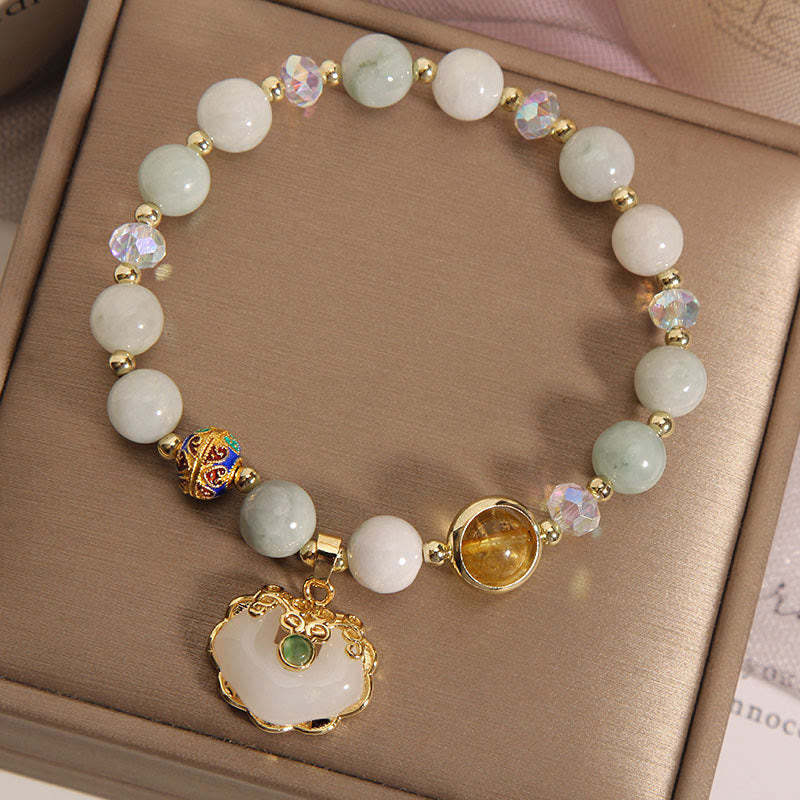 Strawberry Quartz Green Crystal Amethyst Healing Chinese Lock Charm Bracelet