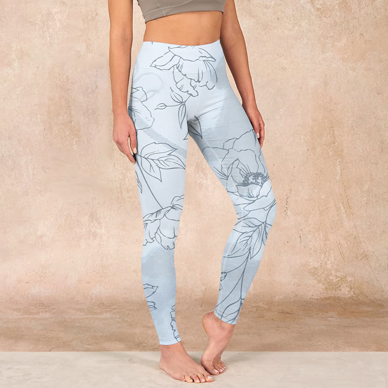Peony Flower Leaves Print Gym Leggings Women's Yoga Pants
