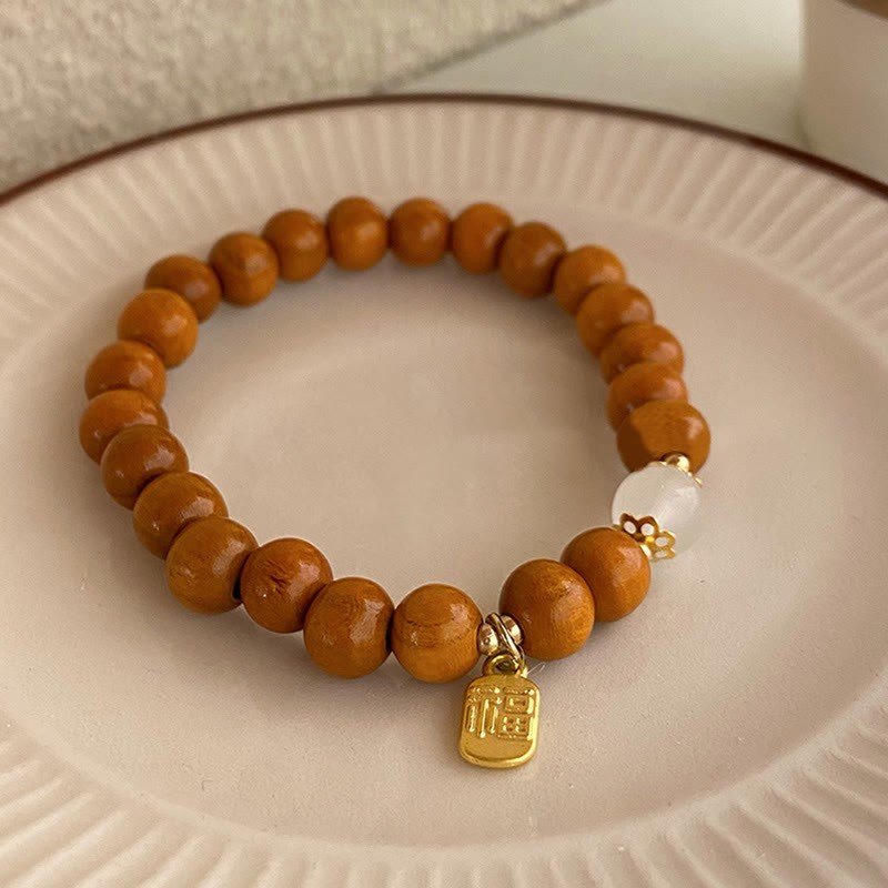 Sandalwood Cat's Eye Fu Character Charm Protection Bracelet