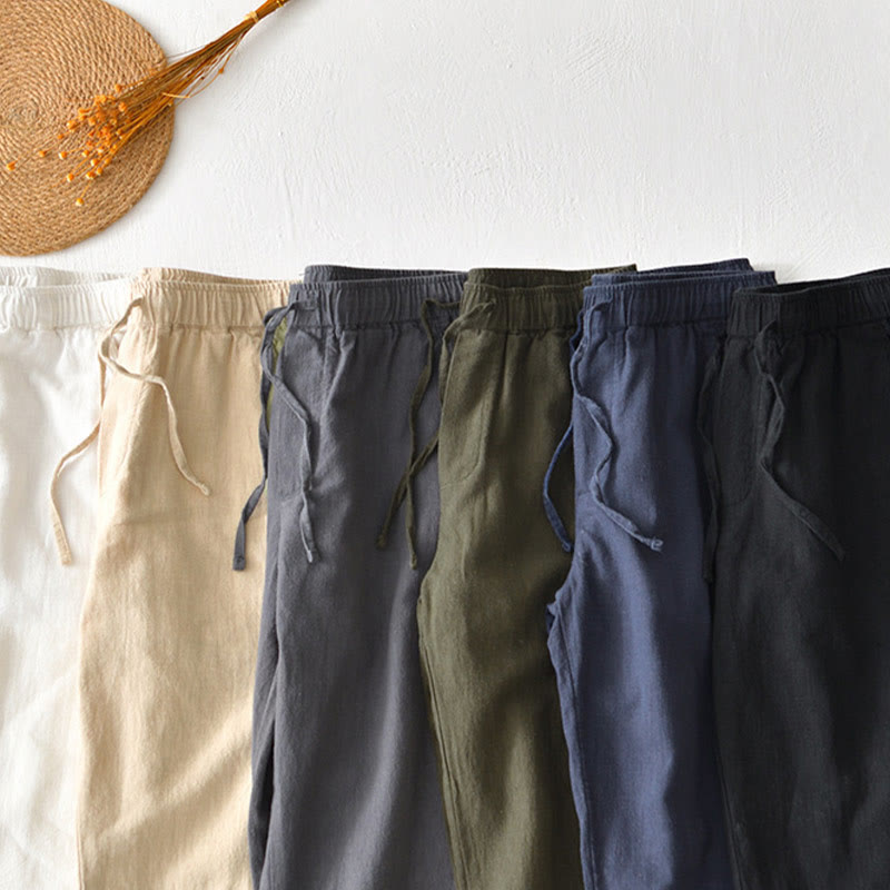 Casual Solid Color Simple Design Drawstring Ramie Linen Men's Pants With Pockets