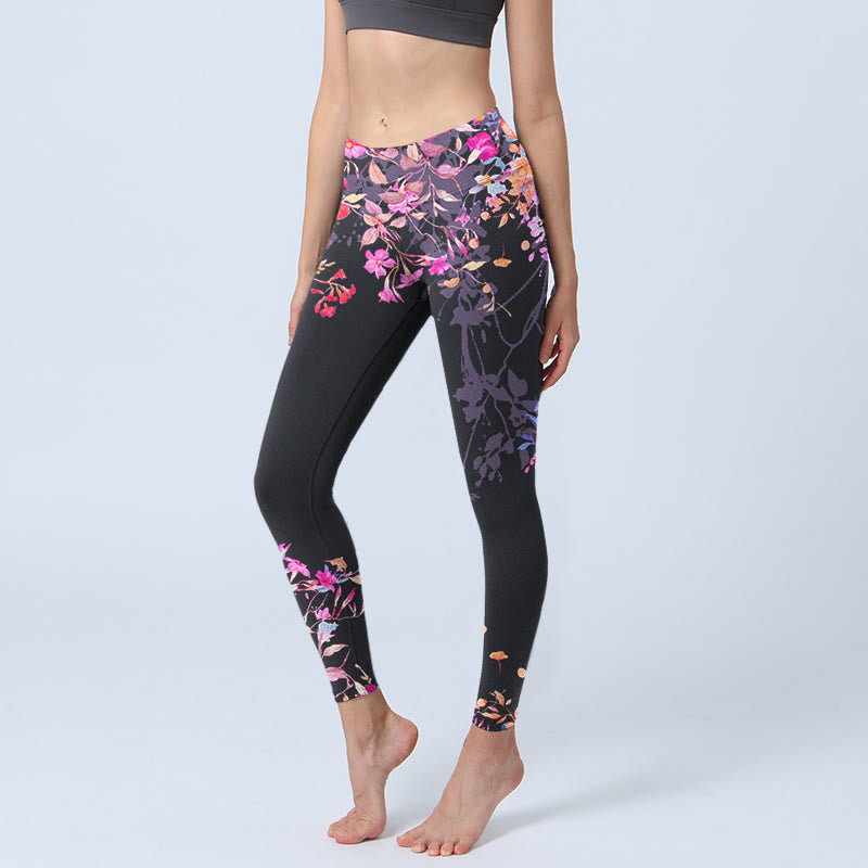 Black Pink Floral Leaves Print Gym Leggings Women's Yoga Pants