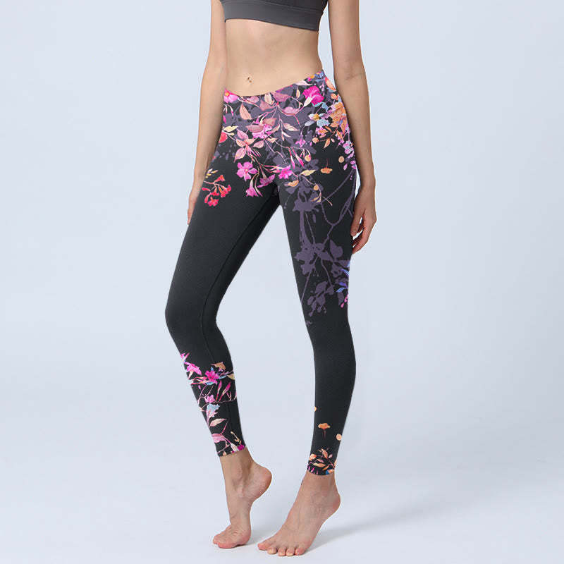 Black Pink Floral Leaves Print Gym Leggings Women's Yoga Pants