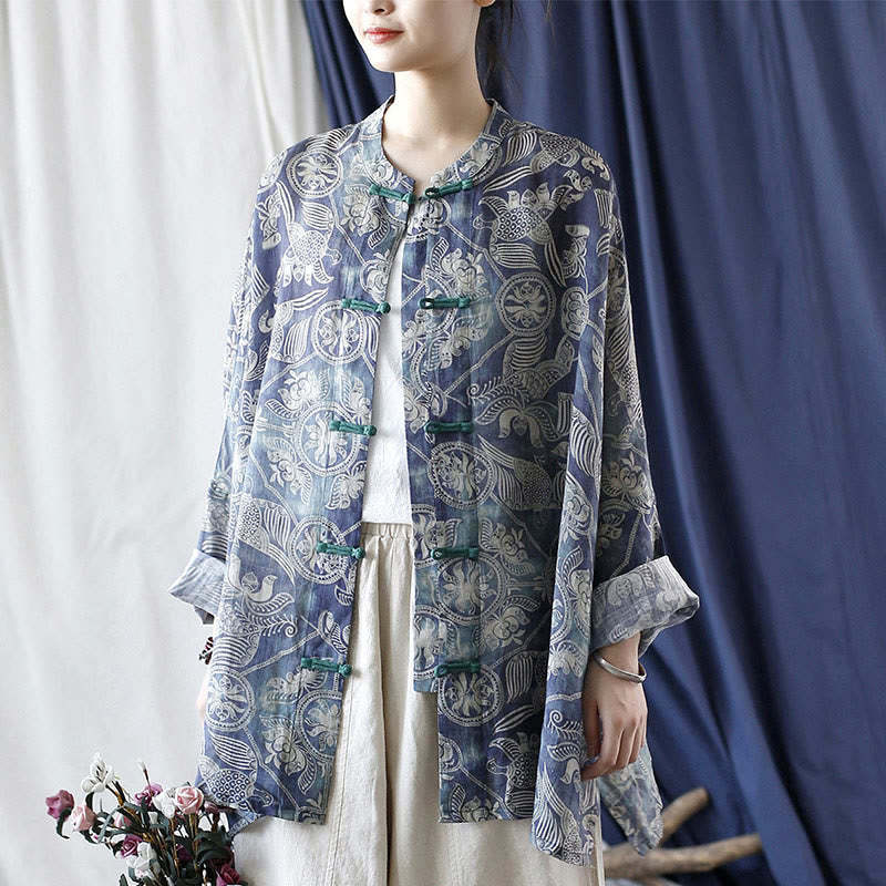 Birds Flowers Geometry Frog-Button Long Sleeve Ramie Linen Jacket Shirt