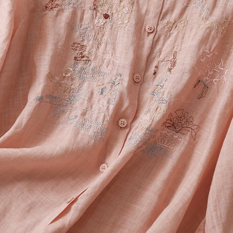 Casual Embroidered Plant Stand Collar Design Three Quarter Sleeve Women's Cotton Linen Shirt