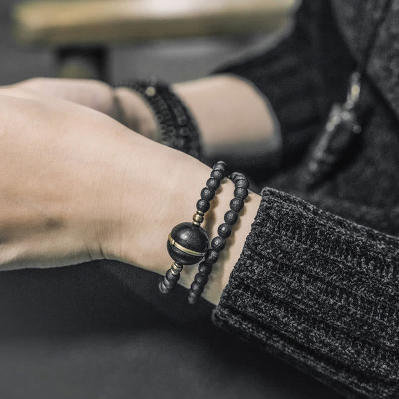 Frosted Cut Surface Black Onyx Ebony Beads Double Wrap Protection Bracelet
