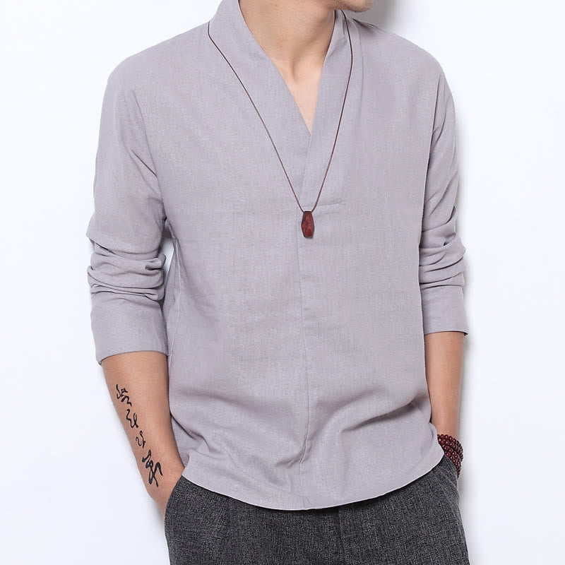 Casual V-Neck Long Sleeve Shirt Linen Men Clothing