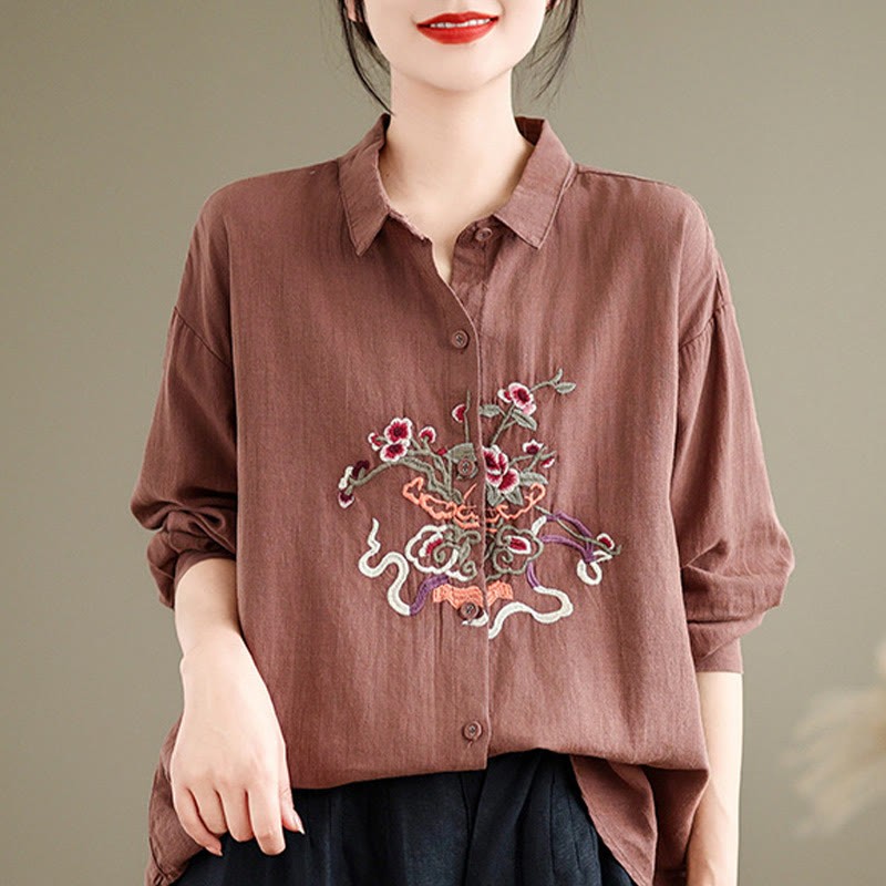 Flower Embroidery Long Sleeve Cotton Linen Women's Shirts