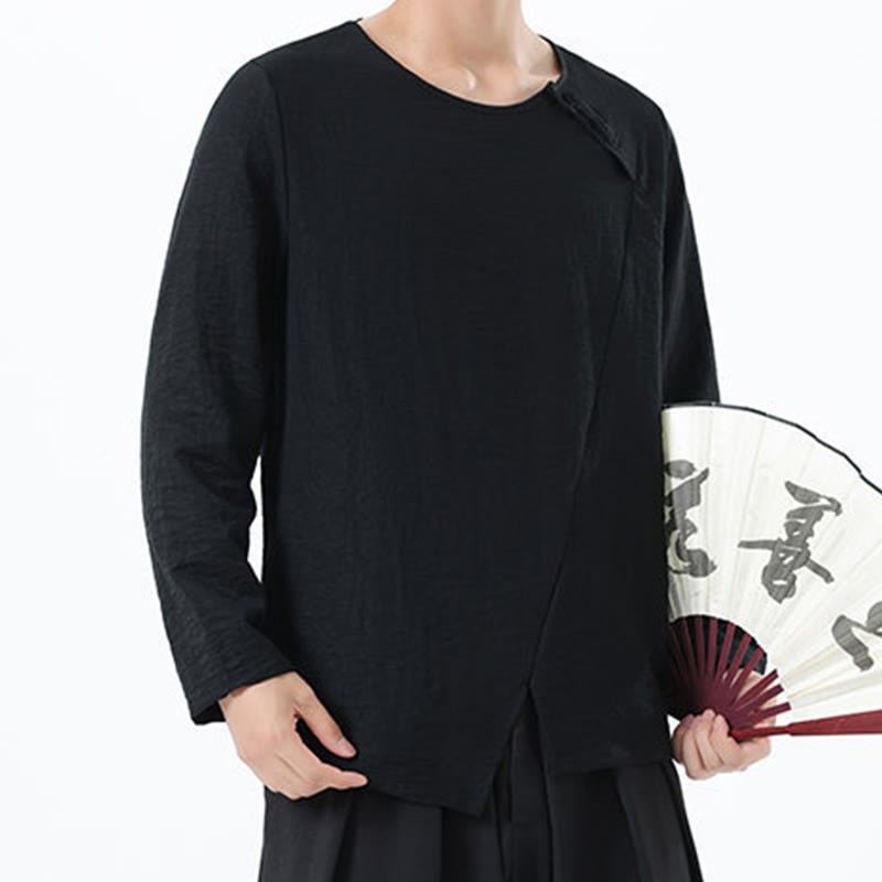 Men's Long Sleeve Round Collar Comfort Cotton Linen Shirt