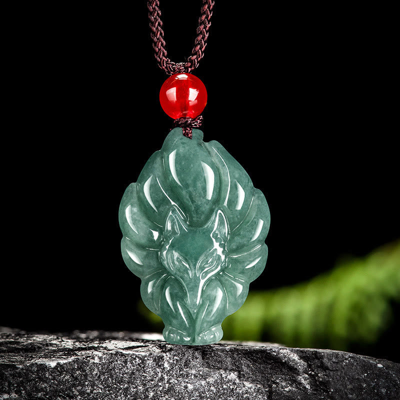 Natural Green Jade Nine-Tailed Fox Luck Necklace Pendant