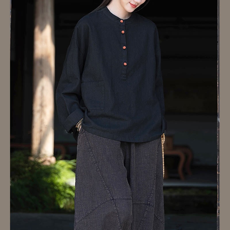 Solid Color Loose Button Blouse Long Sleeve Shirt Top