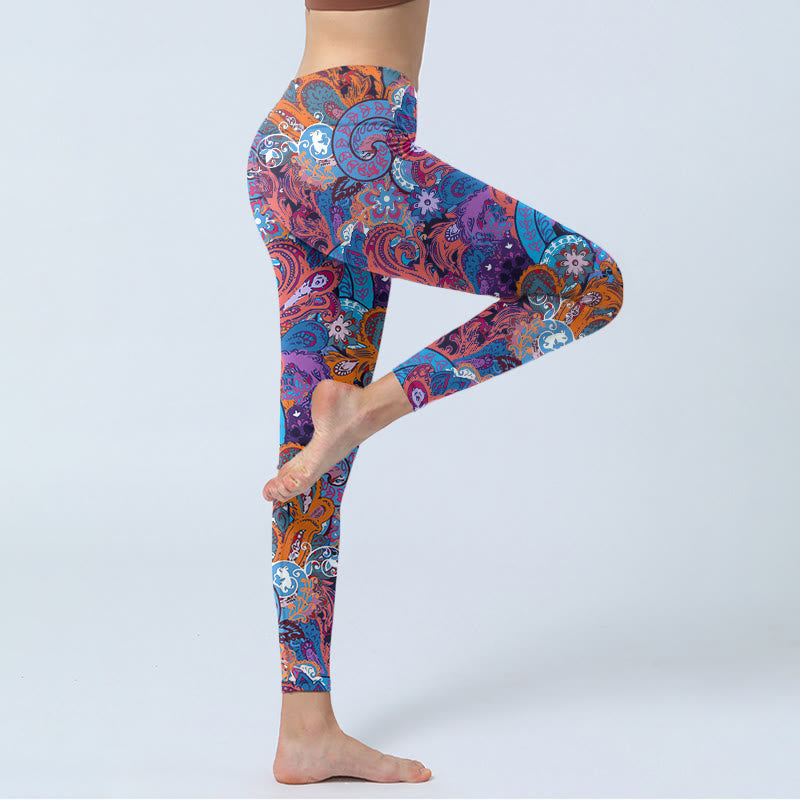 Colorful Floral Curly Grass Print Gym Leggings Women's Yoga Pants