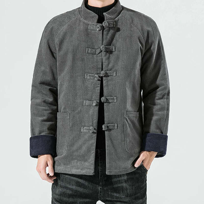 Frog-Button Chinese Tang Suit Stand Collar Long Shirt Corduroy Men Cotton Jacket Clothing