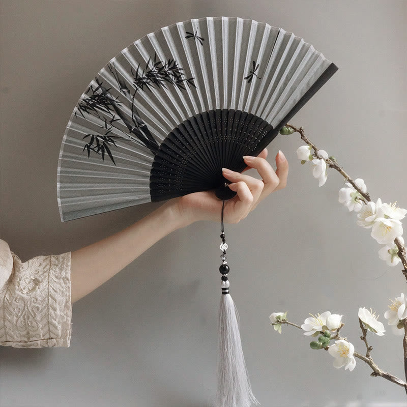Ink Bamboo Polyester Handheld Bamboo Folding Fan