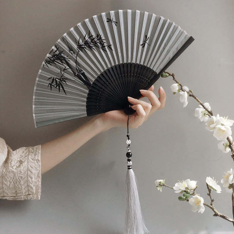 Ink Bamboo Polyester Handheld Bamboo Folding Fan