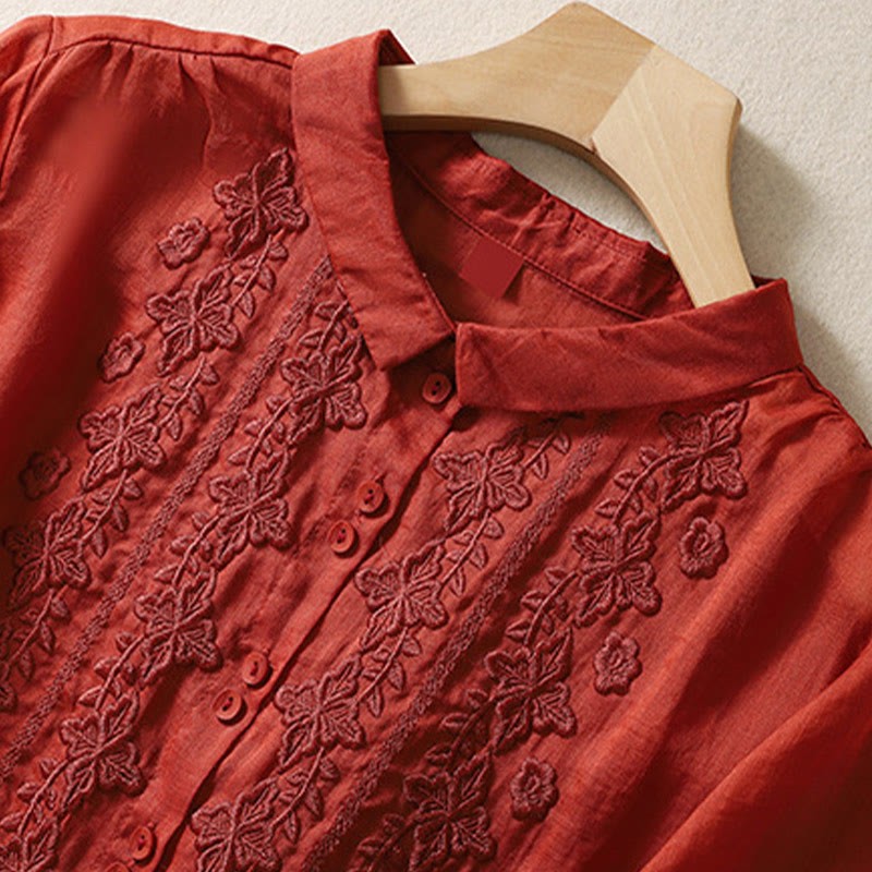 Summer Plain Button Embroidery Flower Pattern Three Quarter Sleeve Lapel Cotton Linen Women's Shirt