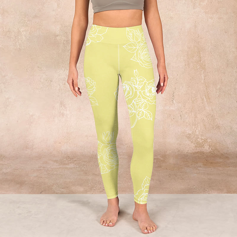 Yellow Rose Print Fitness Leggings Women's Yoga Pants