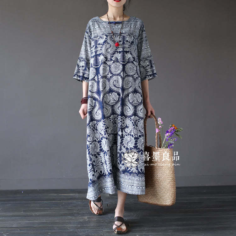 Blue White Flower Printed Button Midi Dress Three Quarter Sleeve Cotton Linen Dress With Pockets
