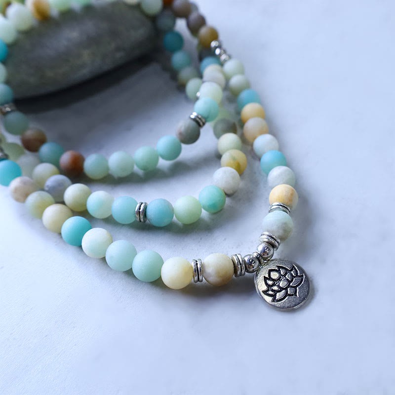 Tibetan Amazonite Stone Blessing Lotus Mala